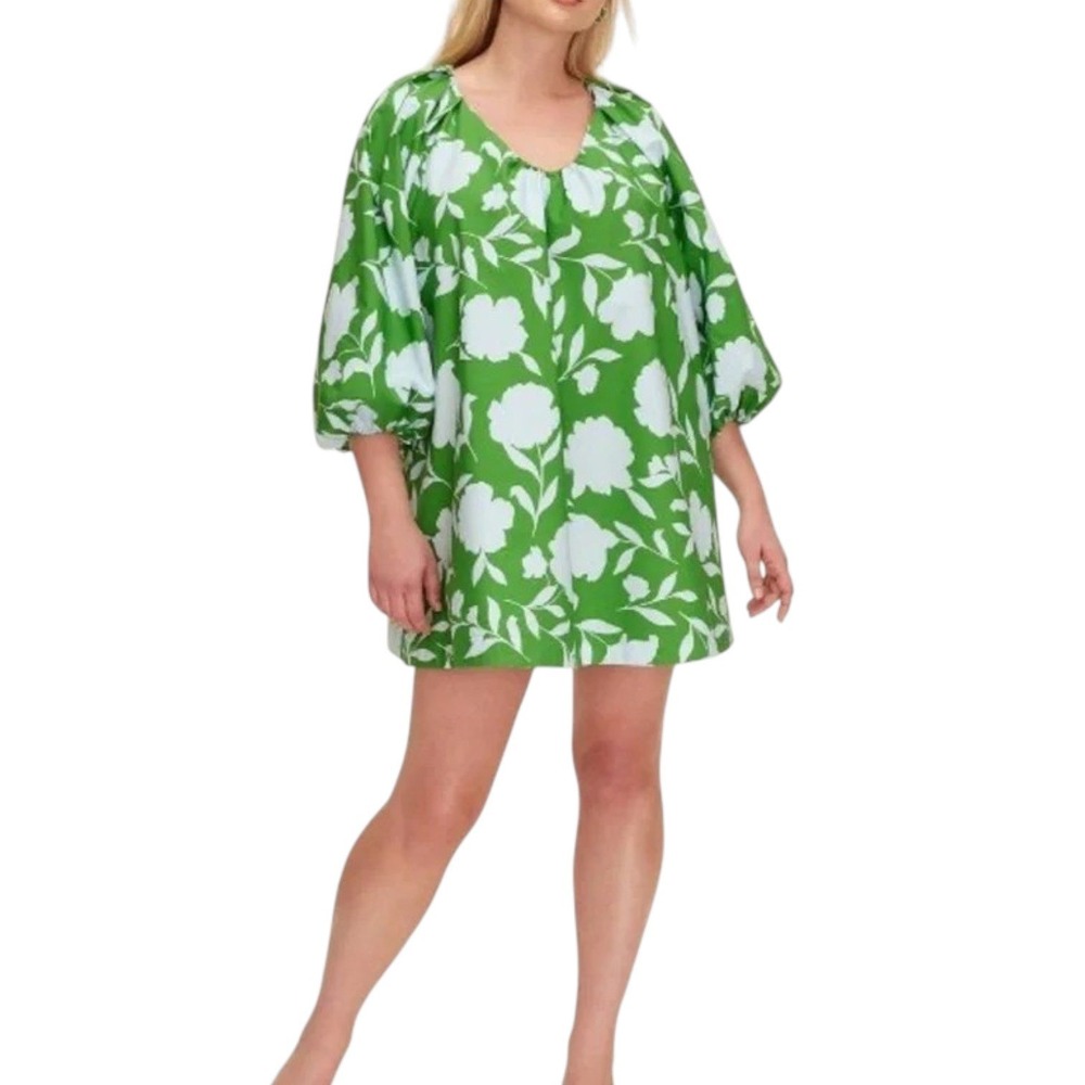 Kate Spade Mini Dress Womens Large Green Floral Puff Sleeve Poplin Target Collab